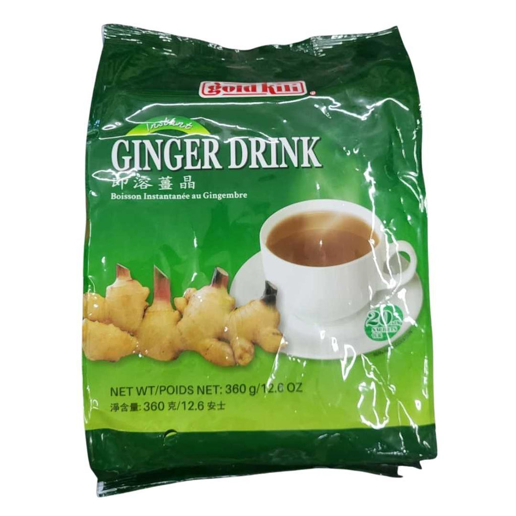 Box of Instant Honey Ginger Tea, featuring images of fresh ginger roots, a honey dipper, and a steaming cup of tea on the packaging.