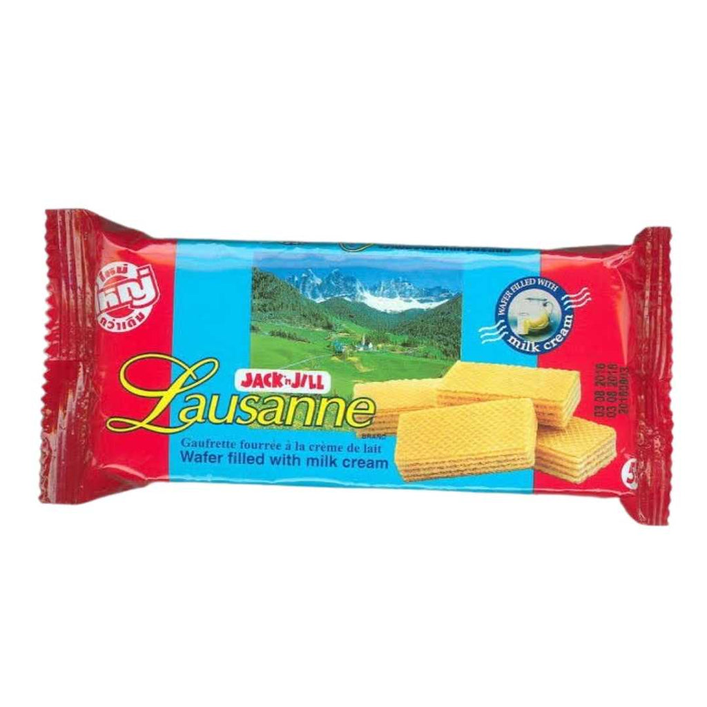 Pack of Jack 'n Jill Lausanne Wafer biscuits, featuring crispy wafer layers with creamy filling, in a red and gold packaging.