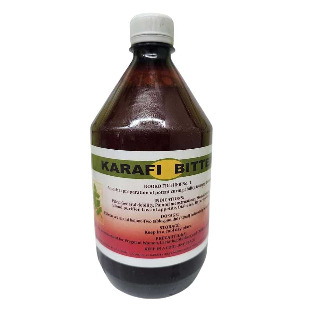 Karafi Bitters herbal tonic bottle – dark brown liquid in a plastic bottle with a white cap and red-green label displaying product name, health indications, and dosage instructions.