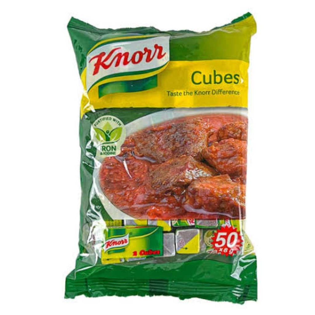 Knorr Beef Seasoning – pack of 50 cubes, 8g each, used for enhancing the flavor of soups, stews, and other dishes.