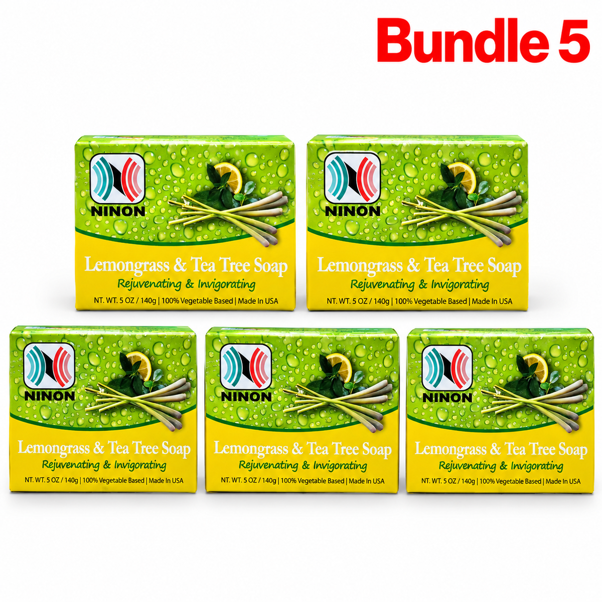 Lemongrass & Tea Tree Soap in branded packaging, a refreshing botanical cleansing bar formulated with lemongrass and tea tree for daily skincare, leaving skin feeling fresh, clean, and smooth, pack of 5