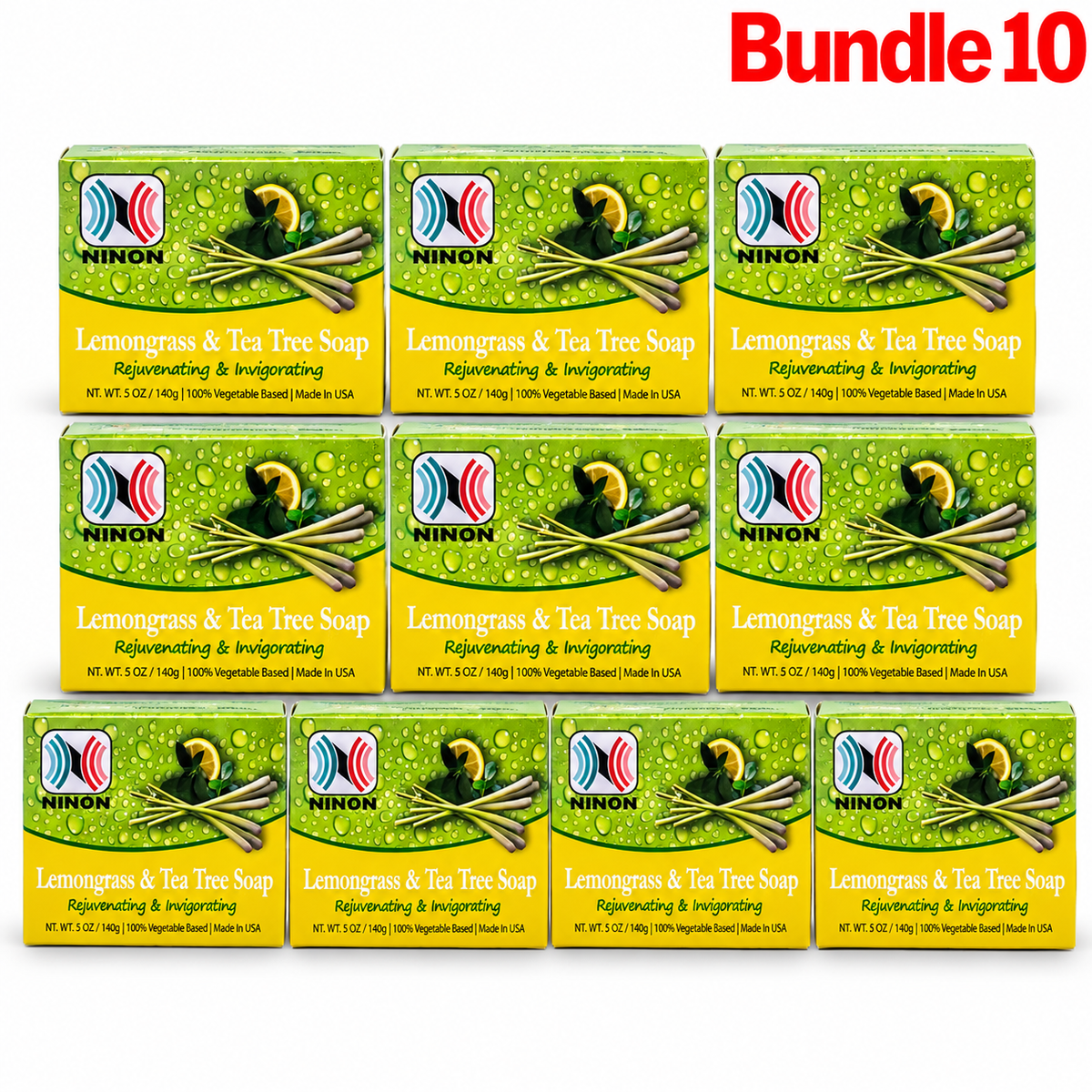 Lemongrass & Tea Tree Soap in branded packaging, a refreshing botanical cleansing bar formulated with lemongrass and tea tree for daily skincare, leaving skin feeling fresh, clean, and smooth, pack of 10