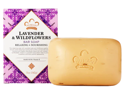 Lavender & Wildflowers bar soap with packaging on a white background