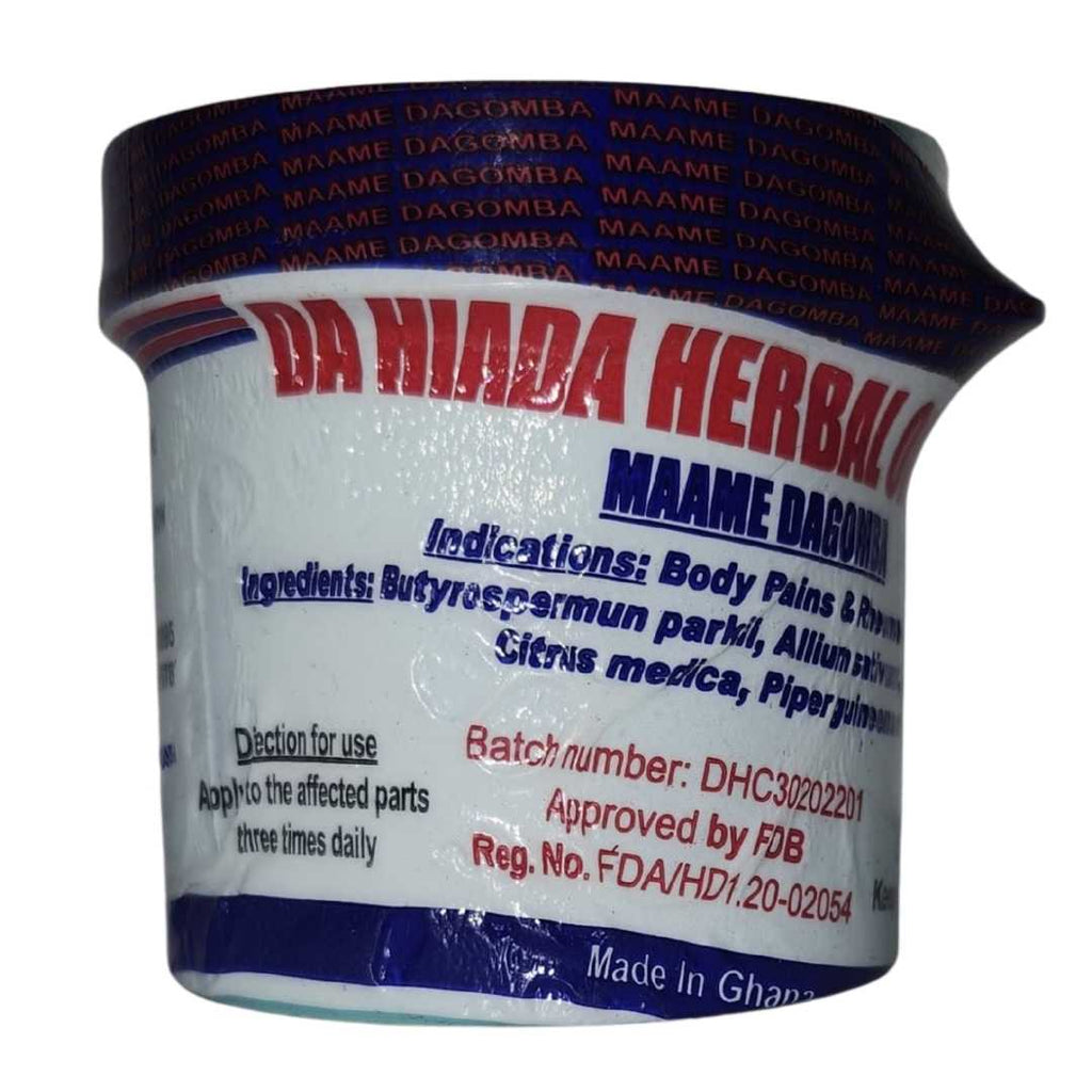 Container of Da Niada Herbal Cream by Maame Dagomba, a natural remedy made in Ghana for body pains and rheumatism relief.