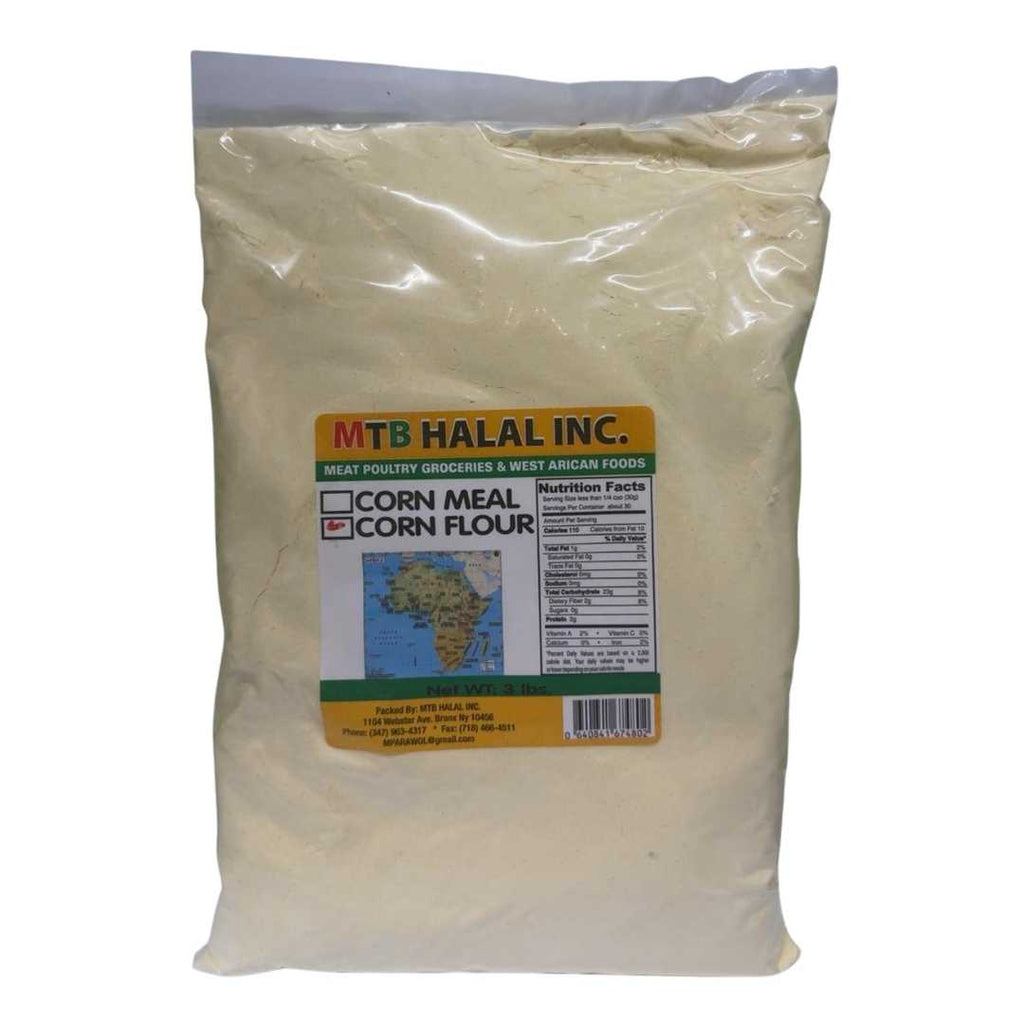 A 3 lb plastic bag of MTB Halal Inc. Corn Flour. The package features a yellow and green label with the company logo, a map of Africa, and nutrition facts on the right side.