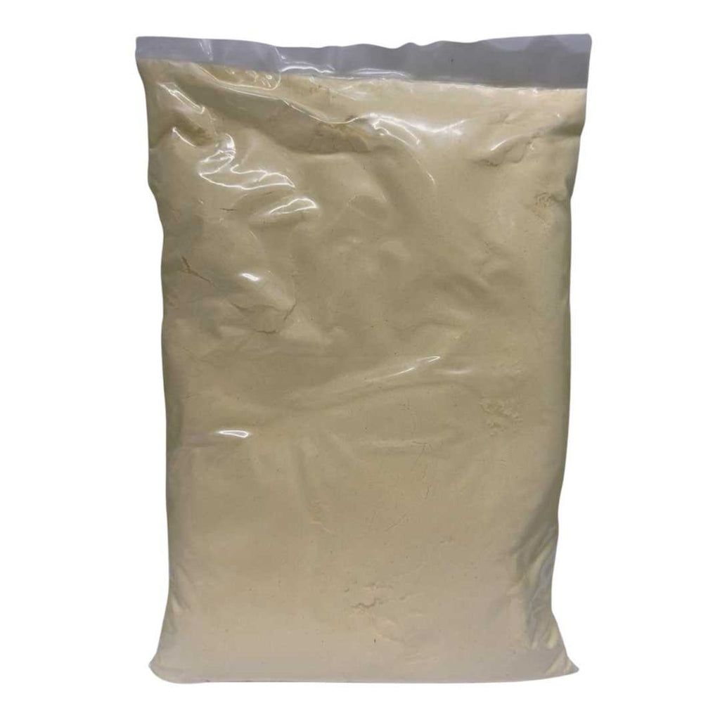 A 3 lb plastic bag of MTB Halal Inc. Corn Flour. The package features a yellow and green label with the company logo, a map of Africa, and nutrition facts on the right side.