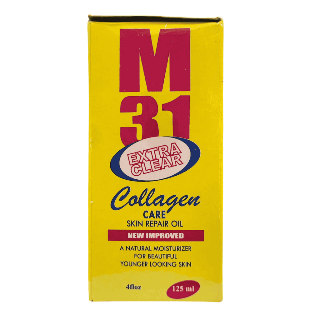 Yellow box of M31 Extra Clear Collagen Care Skin Repair Oil on a white background
