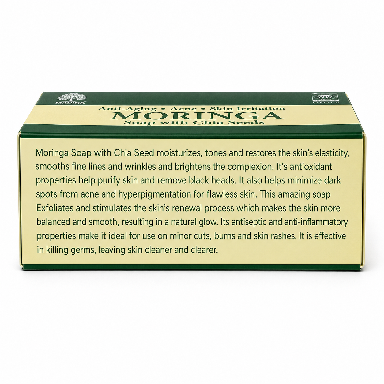 Madina Moringa Soap in branded packaging, a refreshing botanical cleansing bar with moringa for fresh, clean, and smooth-feeling skin.