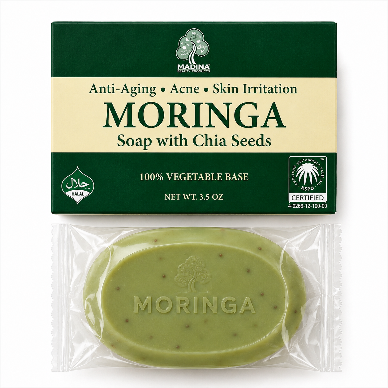 Madina Moringa Soap in branded packaging, a refreshing botanical cleansing bar with moringa for fresh, clean, and smooth-feeling skin.