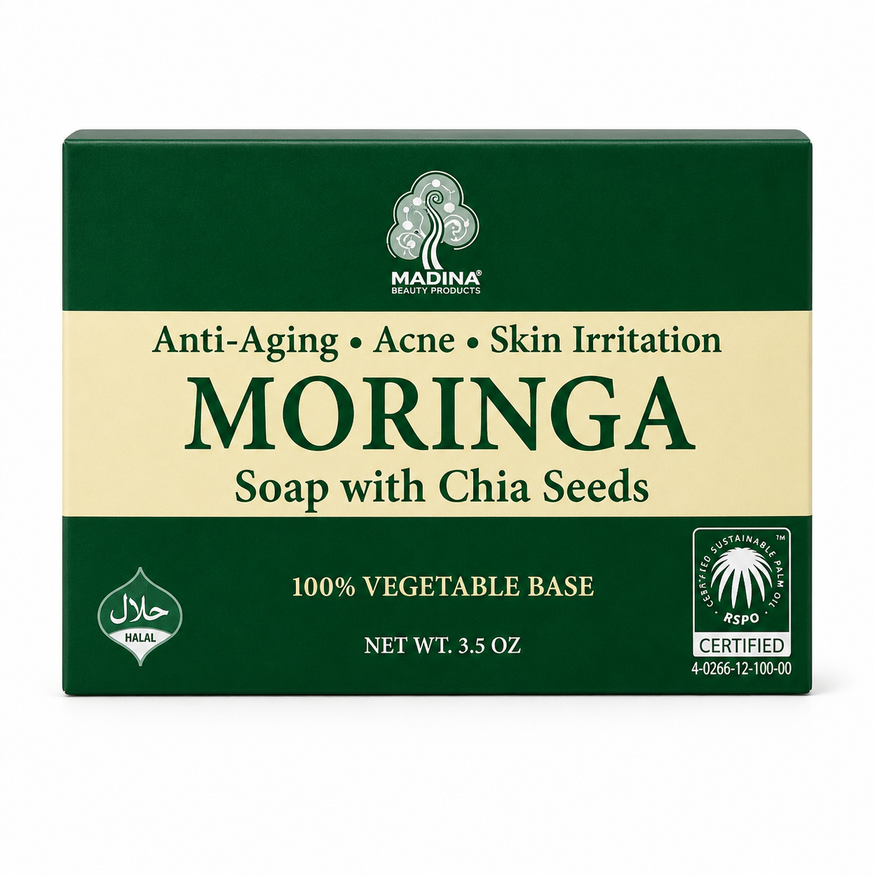 Madina Moringa Soap in branded packaging, a refreshing botanical cleansing bar with moringa for fresh, clean, and smooth-feeling skin.