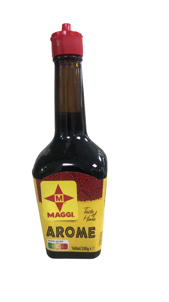 Maggi Arome Liquid Seasoning – A bottle of rich, dark liquid seasoning used to enhance the flavor of soups, stews, meats, and vegetables, featuring the signature Maggi label and iconic yellow cap.
