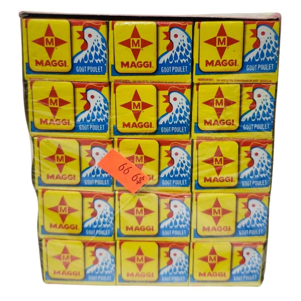 Pack of Maggi Goût Poulet (chicken flavor) seasoning cubes wrapped in yellow and blue packaging with the Maggi star logo and chicken illustration.