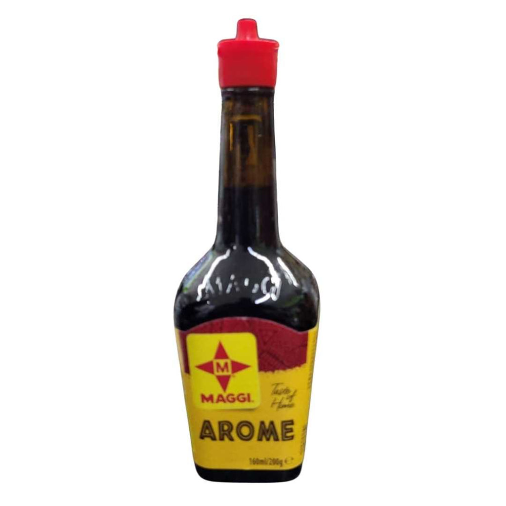 Maggi Arome Liquid Seasoning – A bottle of rich, dark liquid seasoning used to enhance the flavor of soups, stews, meats, and vegetables, featuring the signature Maggi label and iconic yellow cap.