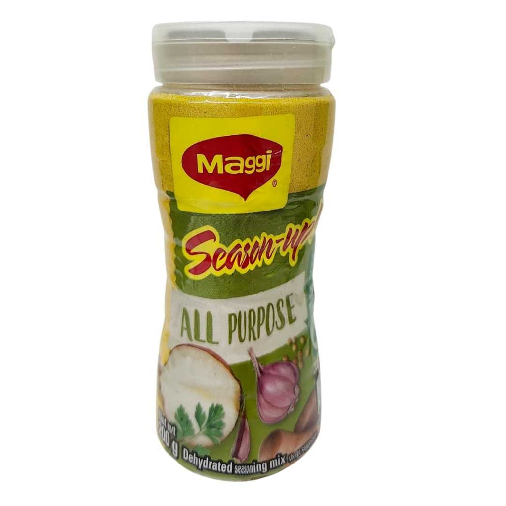 Maggi Season-Up All Purpose  bottle with a yellow label and images of garlic, onions, and herbs, containing dehydrated seasoning mix.