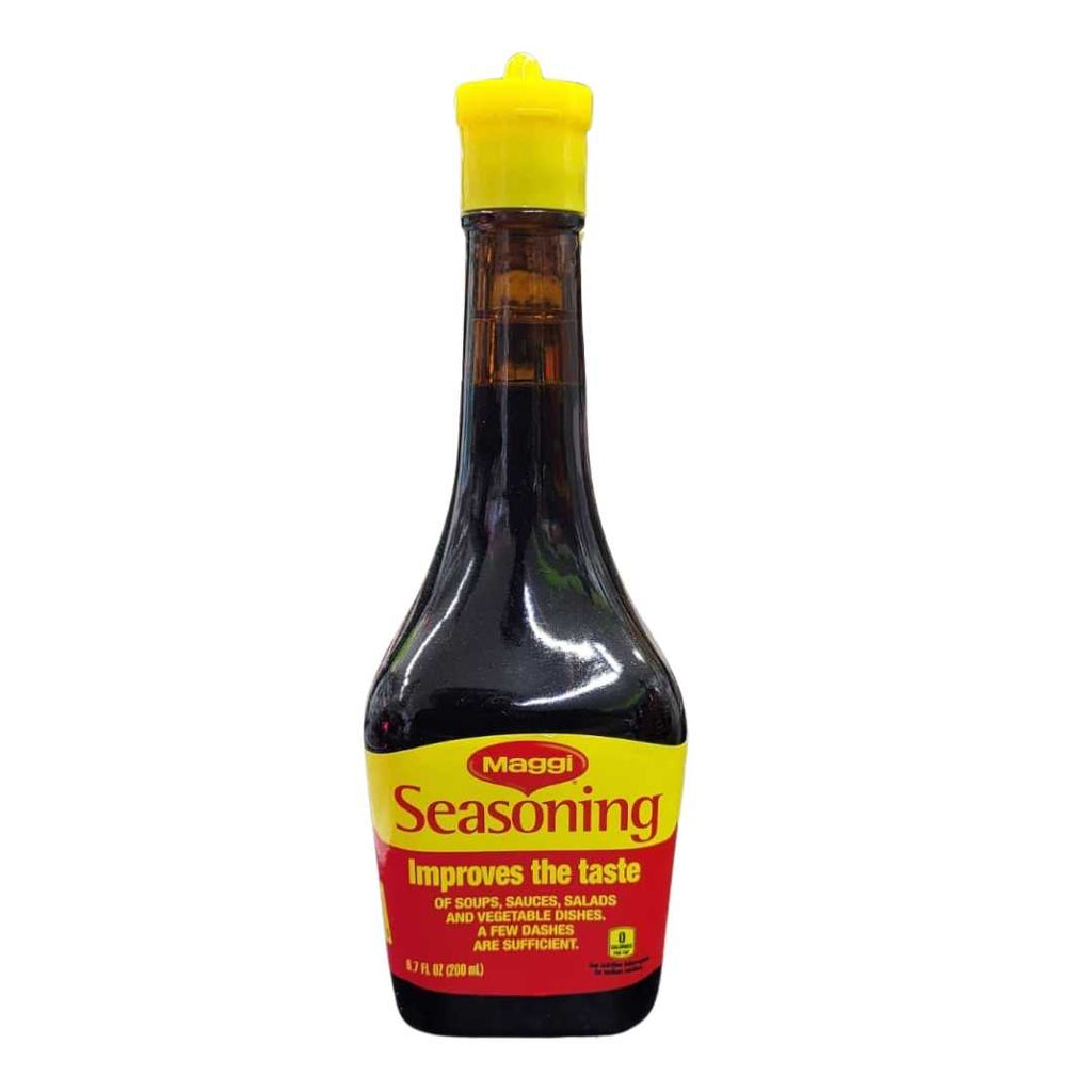 Maggi Seasoning Liquid 27 oz bottle — rich, savory liquid seasoning used to enhance the flavor of soups, stews, meats, and marinades.