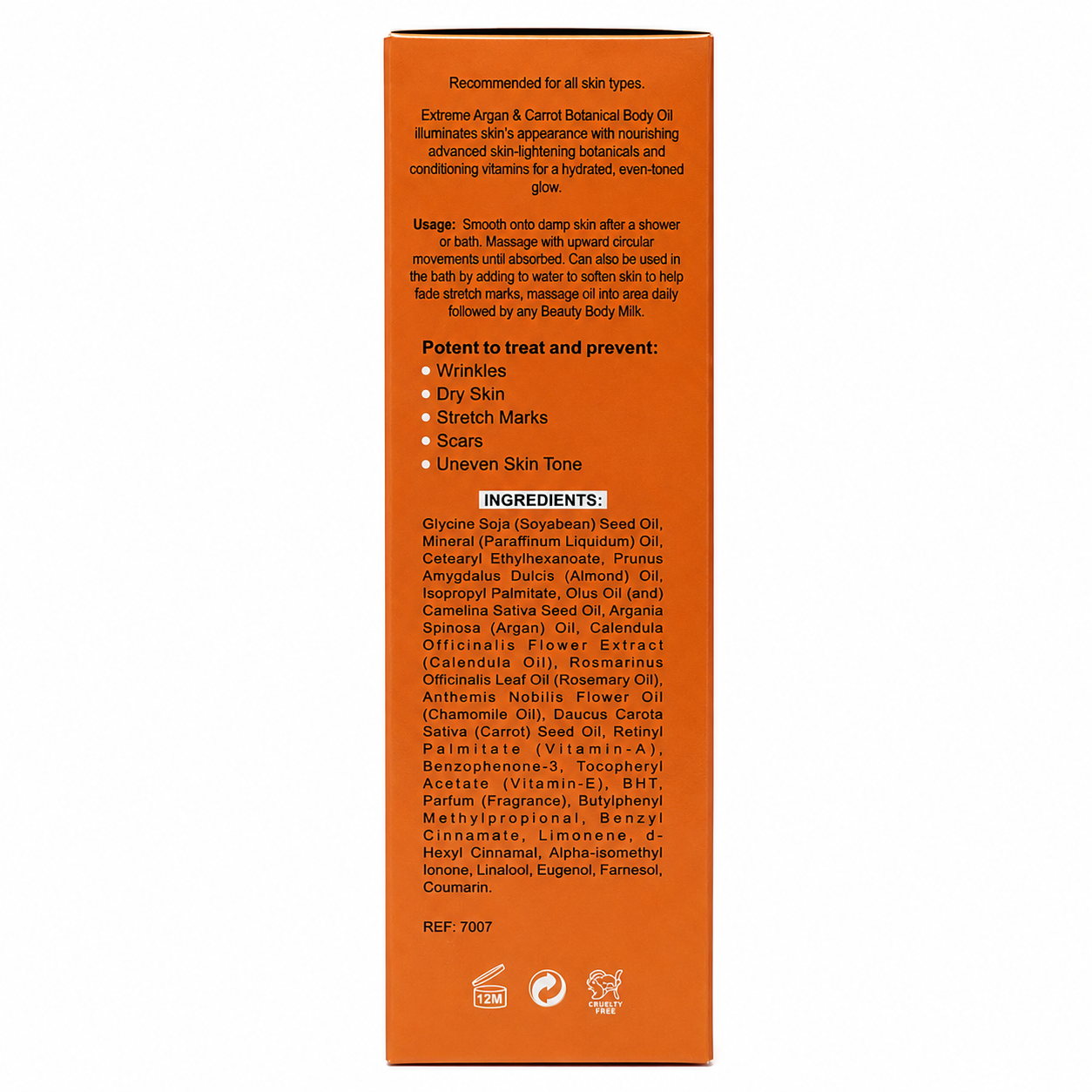 Orange box with black text containing product information and ingredients on a white background