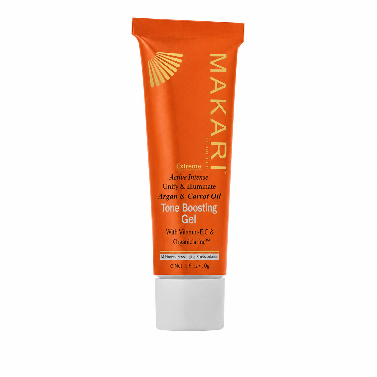 Orange tube of Makari Tone Boosting Gel on a white background