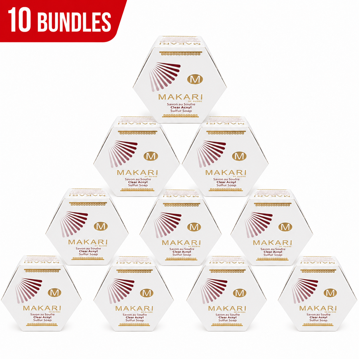 Makari soap boxes arranged in a pyramid formation on a white background with '10 Bundles' text.