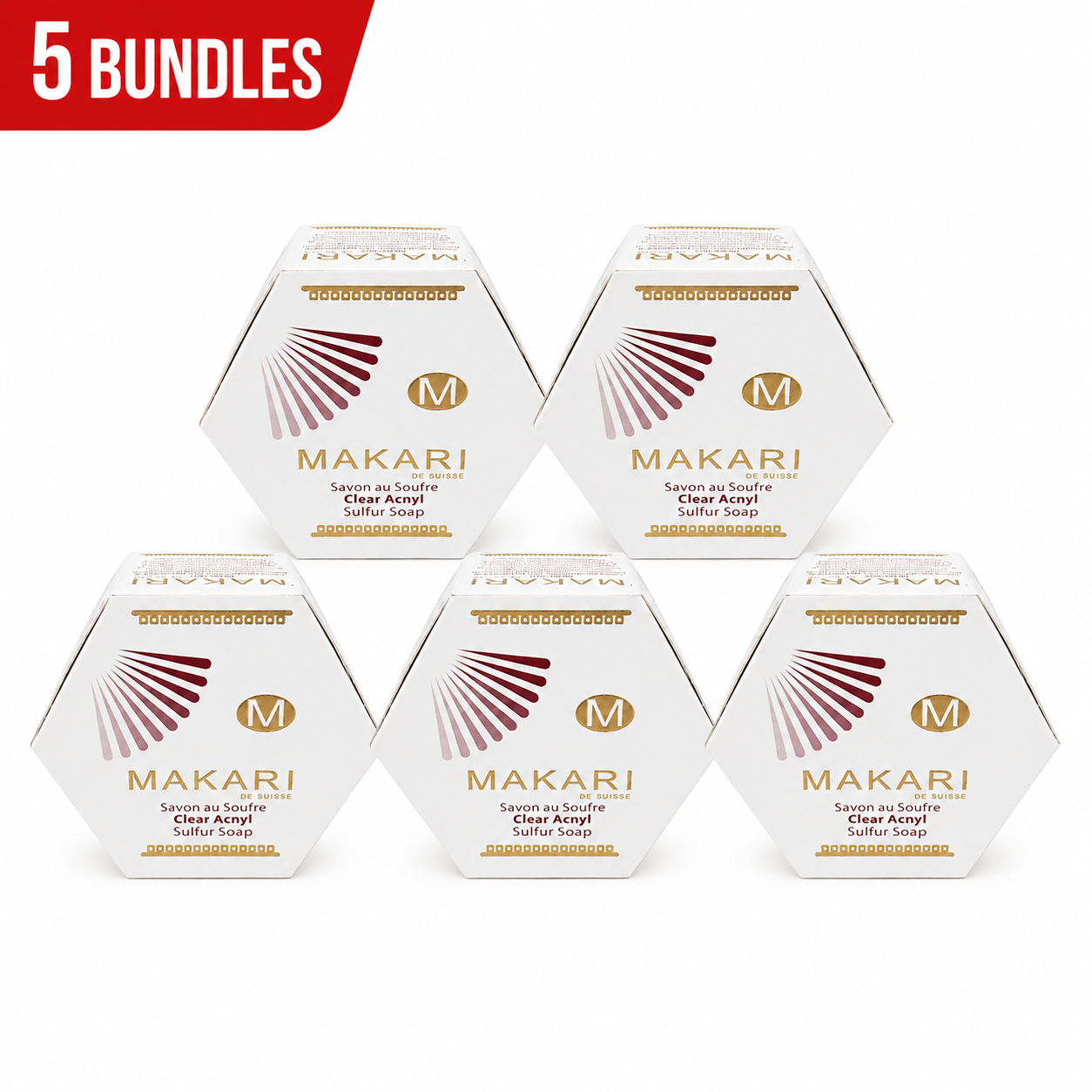 Five boxes of Makari soap on a white background with a red '5 Bundles' banner at the top.