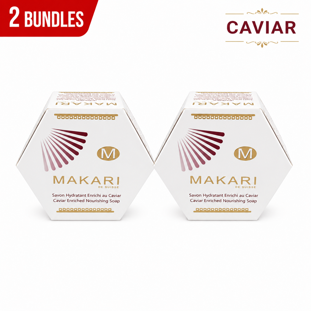 Two Makari caviar-enriched soap boxes on a white background with '2 Bundles' and 'CAVIAR' text.