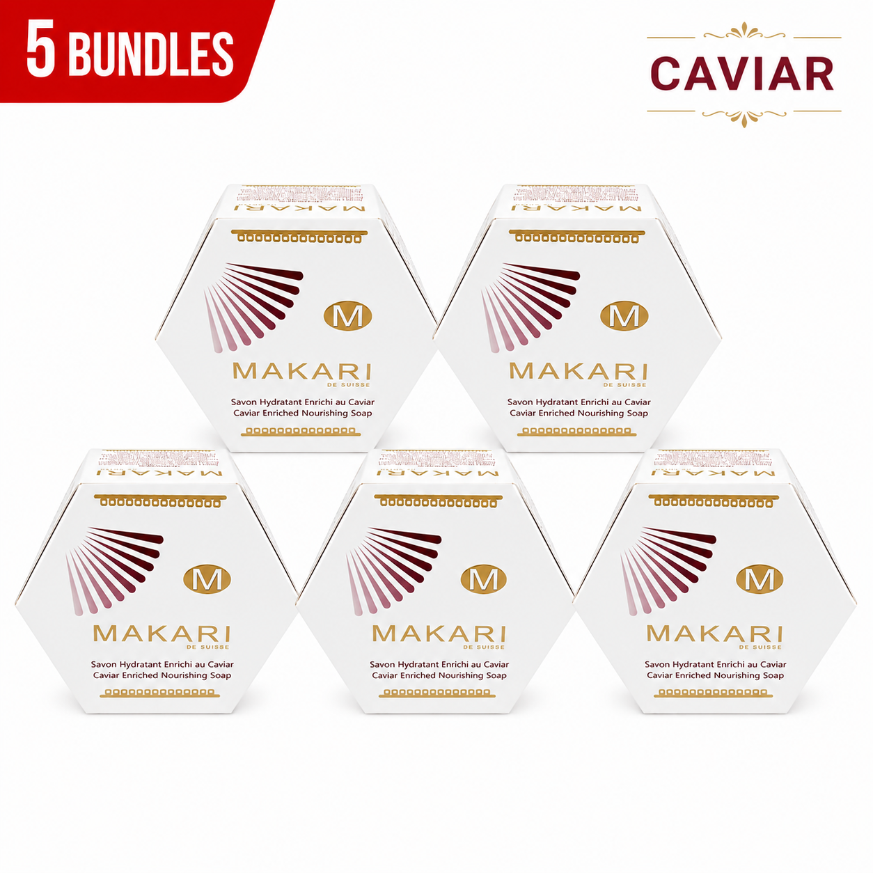 Five boxes of Makari Caviar soap on a white background
