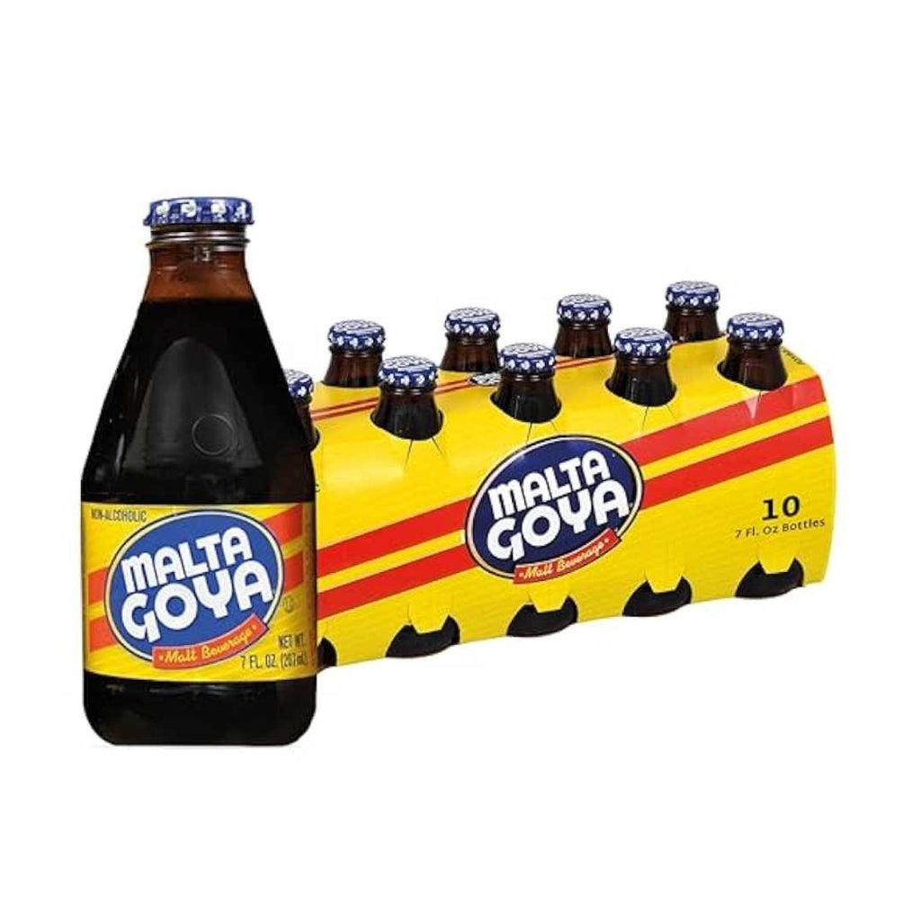 Pack of Malta Goya malt beverage, containing 10 individual bottles arranged together.