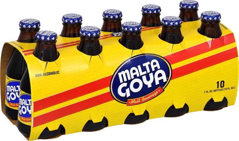 Pack of Malta Goya malt beverage, containing 10 individual bottles arranged together.