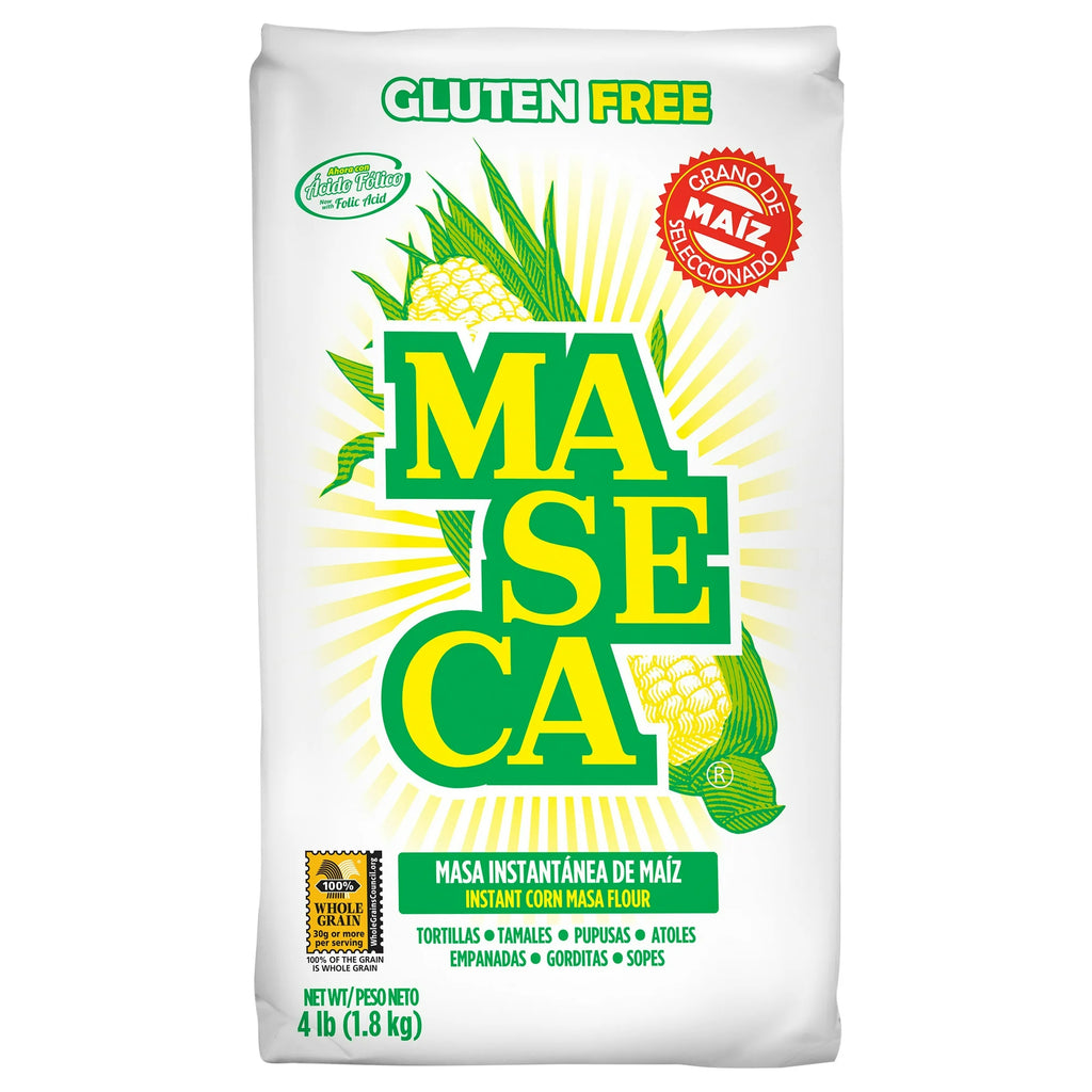 Maseca Gluten Free Instant Corn Masa Flour, 4 lb bag – yellow and green packaging with corn graphic and product branding.