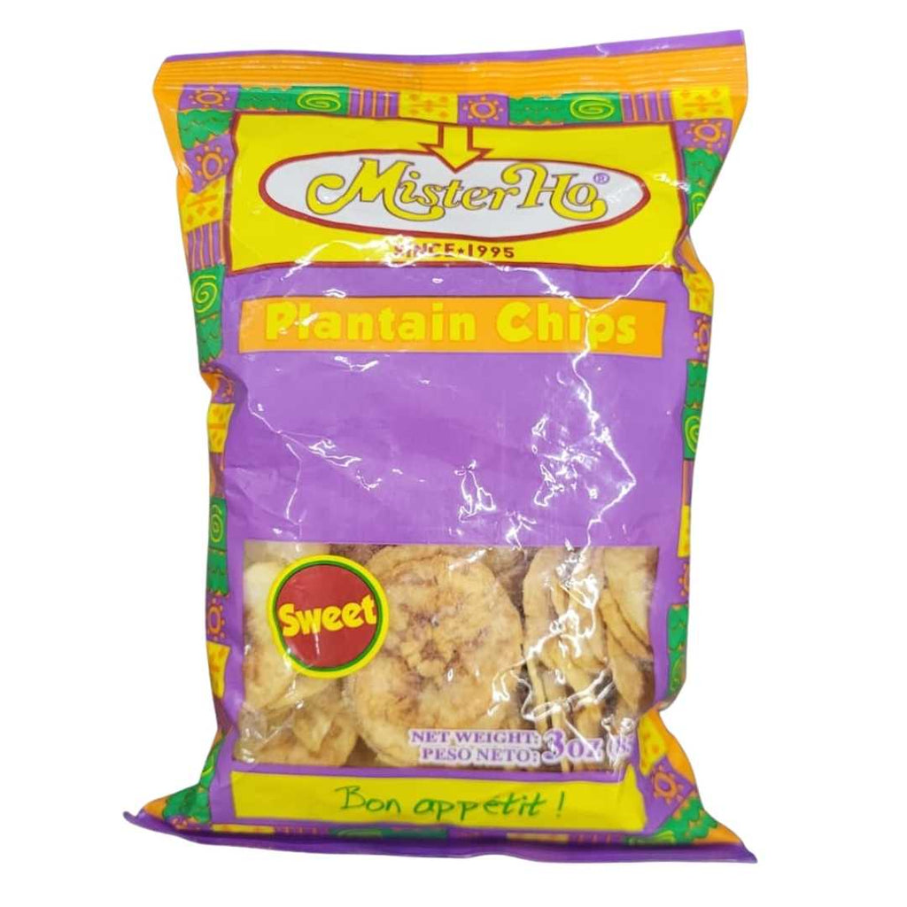 Mister Ho Sweet Plantain Chips – 300g bag featuring crispy, golden plantain slices with a naturally sweet flavor. Bright yellow and purple packaging with “Bon Appétit!” label.