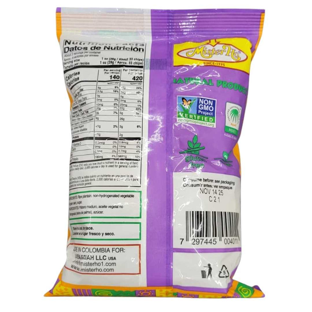 Mister Ho Sweet Plantain Chips – 300g bag featuring crispy, golden plantain slices with a naturally sweet flavor. Bright yellow and purple packaging with “Bon Appétit!” label.