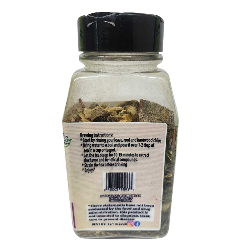 Moza Tea Sugar Management Tea 3 oz jar – 100% natural herbal blend for healthy blood sugar support, packaged in a clear plastic container with a black lid and beige label featuring a woman’s portrait and the text “Compuesto de Diabetis.”