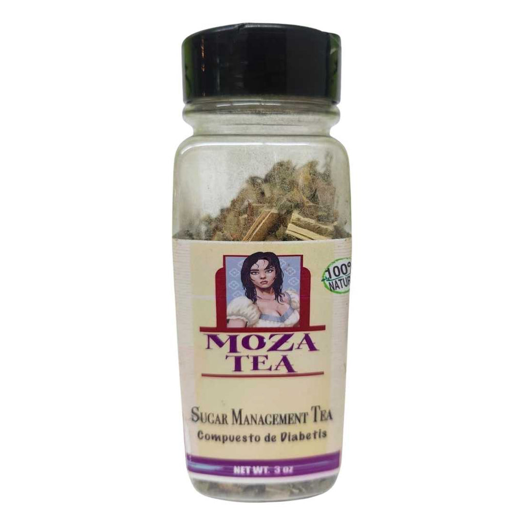 Moza Tea Sugar Management Tea 3 oz jar – 100% natural herbal blend for healthy blood sugar support, packaged in a clear plastic container with a black lid and beige label featuring a woman’s portrait and the text “Compuesto de Diabetis.”