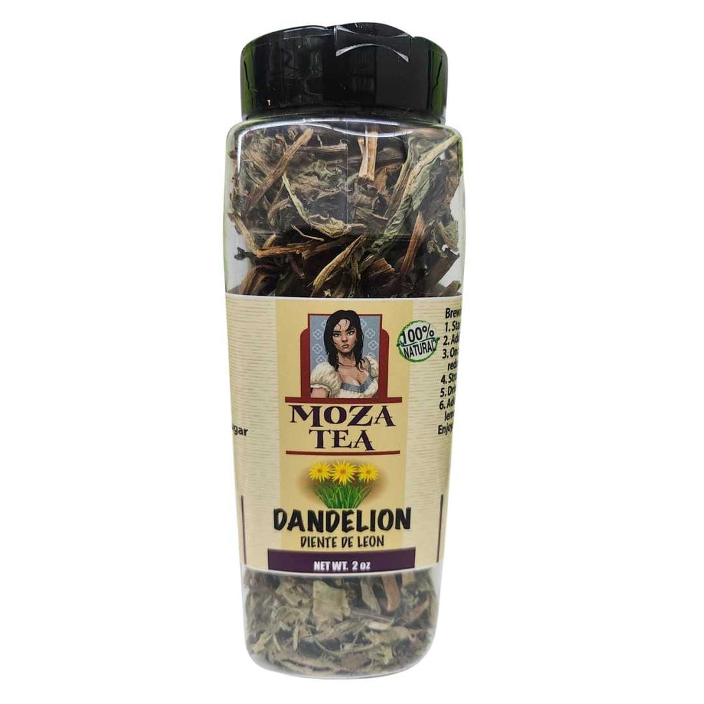 Moza Tea Dandelion (Diente de León) 2 oz jar – 100% natural herbal tea made from dried dandelion leaves and roots, packaged in a clear plastic container with a black lid and a beige label featuring a woman’s portrait and yellow dandelion flowers.