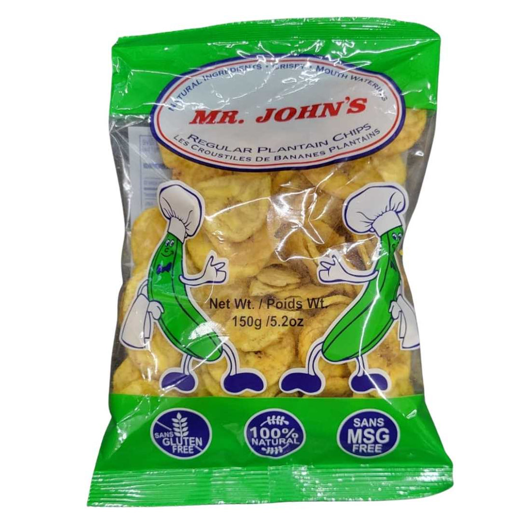Mr. John Plantain Chips Green – Crunchy, savory green plantain chips with a natural flavor and golden crisp texture.
