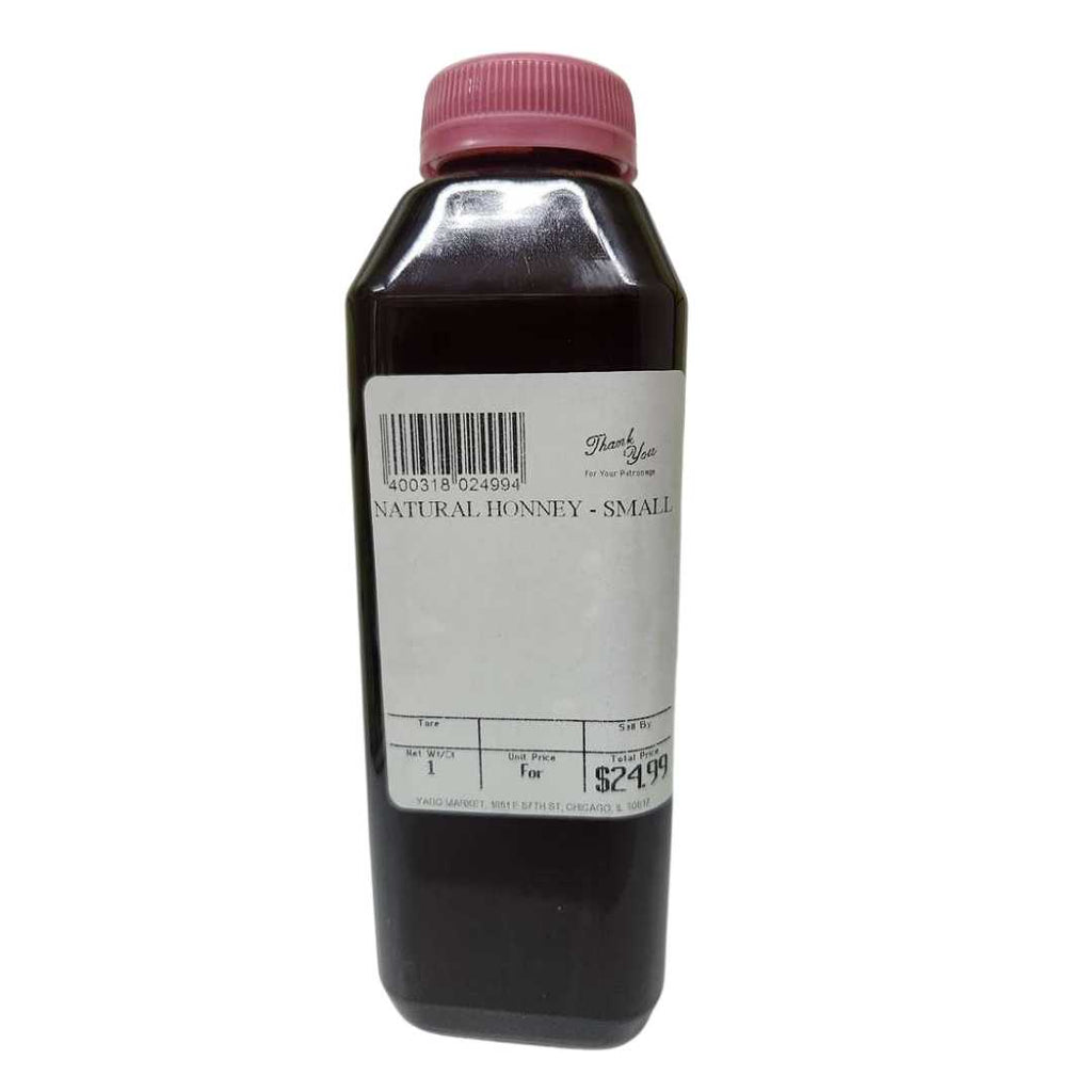 Natural Honey (Small) bottle – clear plastic container filled with dark amber honey, sealed with a pink screw cap and labeled “Natural Honney – Small” with barcode and price tag.