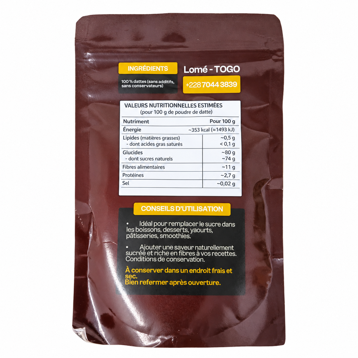 Natural Date Powder in branded packaging, finely ground dried dates with a naturally sweet, caramel-like flavor, ideal for sweetening smoothies, oatmeal, baked goods, beverages, and everyday recipes.