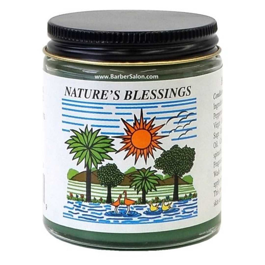 A 4 oz jar of Nature's Blessings Hair Pomade with a green label and black lid, used for moisturizing and conditioning hair and scalp.