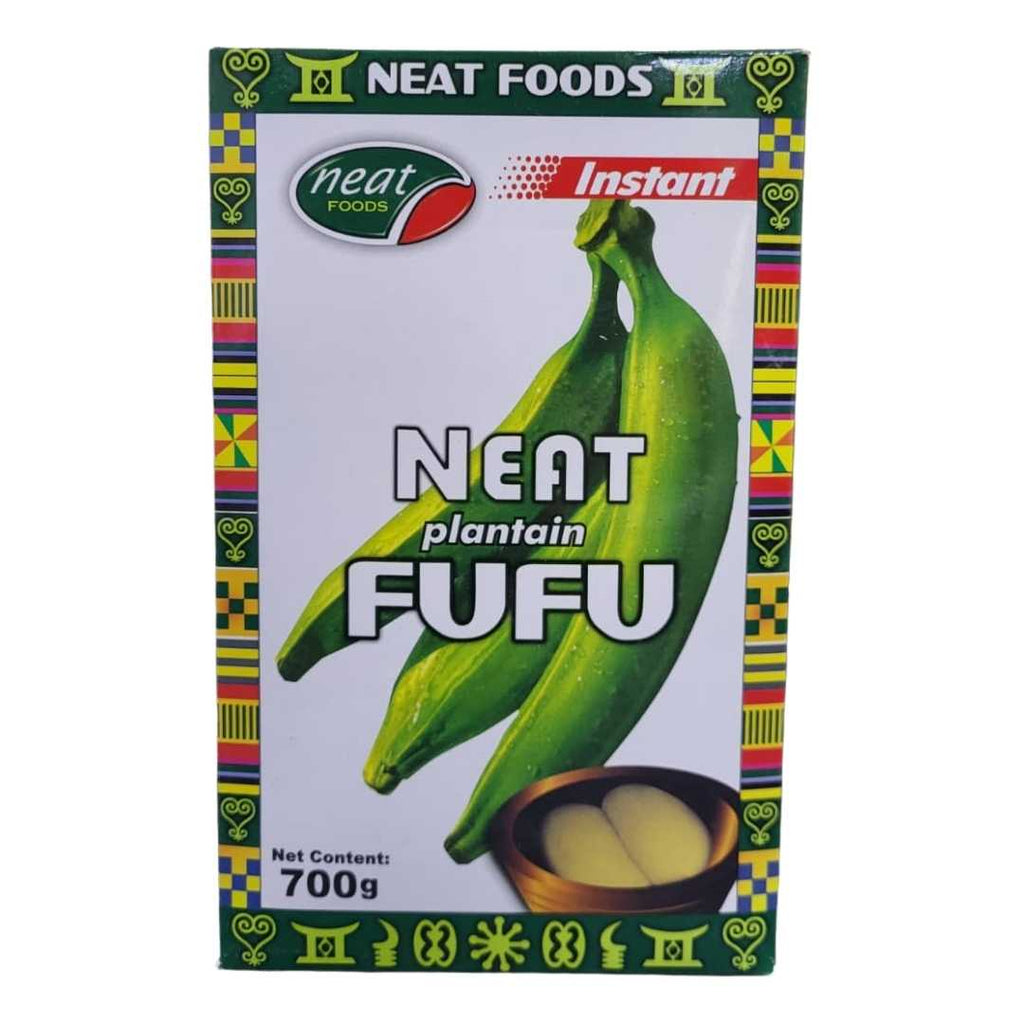Box of Neat Plantain Fufu Flour, showing plantains and a bowl of fufu with soup on the packaging, designed with colorful African patterns.