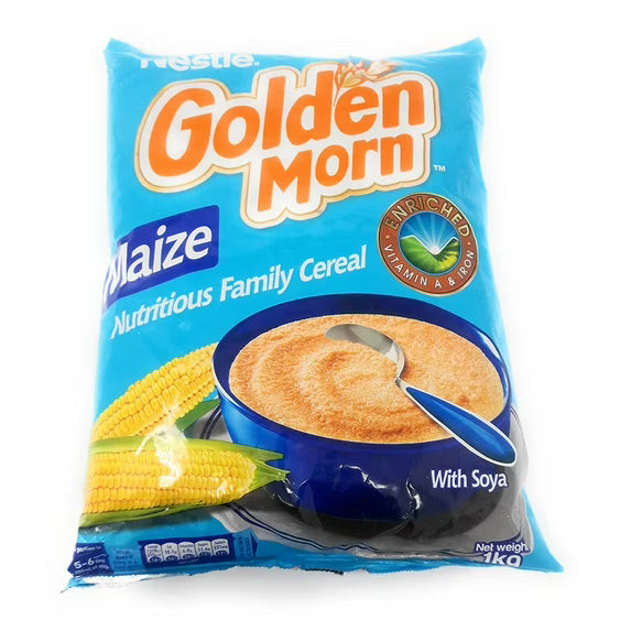Nestle Golden Morn maize cereal package on a white background