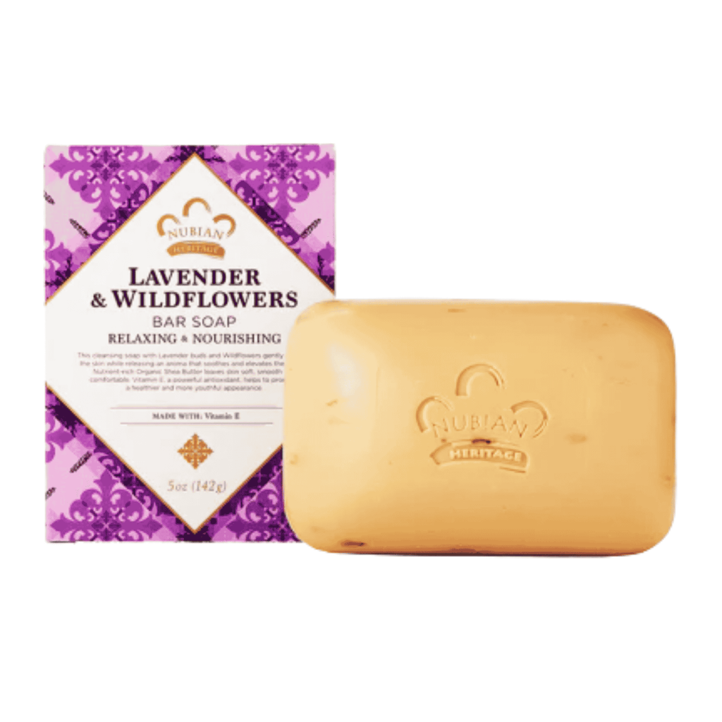 Lavender & Wildflowers bar soap with packaging on a white background