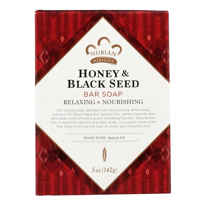 Nubian Heritage Honey & Black Seed Soap, nourishing cleansing bar made with honey and black seed to gently cleanse, moisturize, and leave skin feeling soft, smooth, and refreshed.