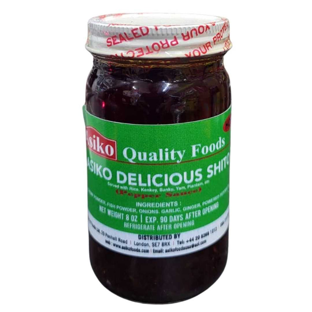 Pepper Sauce Shito Hot – Authentic Ghanaian hot pepper sauce in a jar, rich and spicy with chili, fish, and shrimp flavors, perfect for rice, meats, and seafood dishes.
