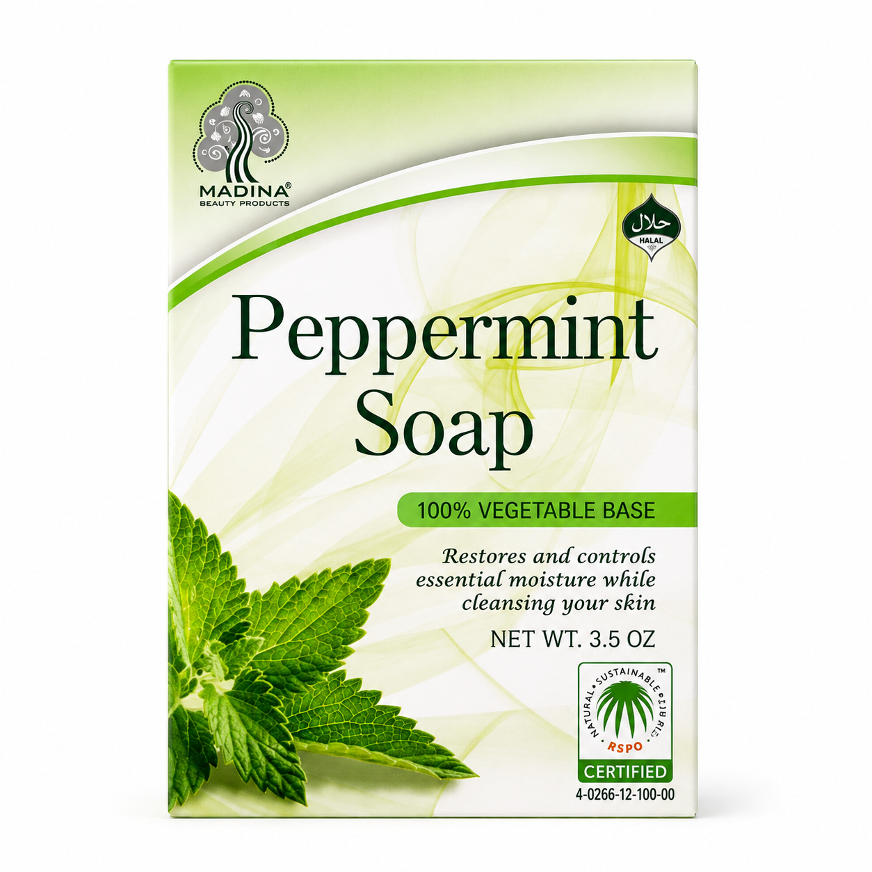 Madina Peppermint Soap in branded packaging, a refreshing cleansing bar with peppermint for fresh, clean, and revitalized-feeling skin.