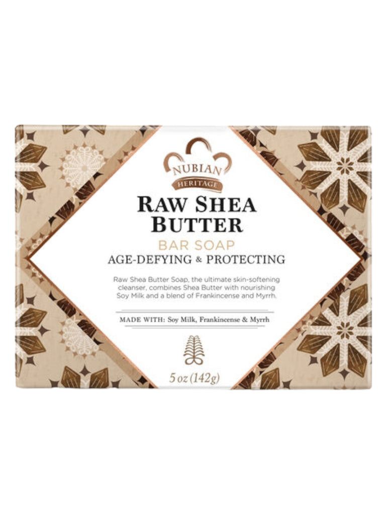 Nubian Heritage Raw Shea Butter bar soap packaging on a white background
