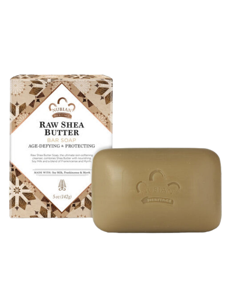 Raw Shea Butter bar soap with packaging on a white background