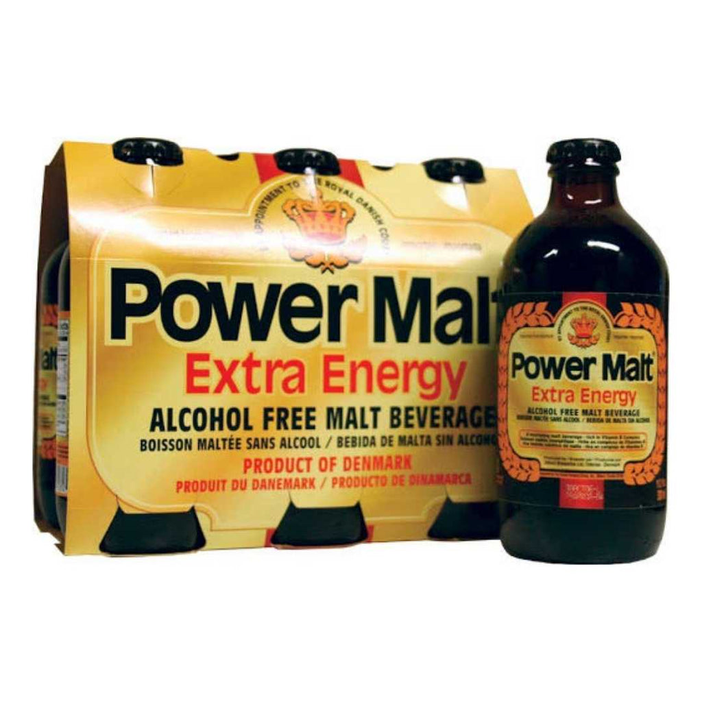 Power Malt Extra Energy Non-Alcoholic Malt Drink – Pack of 6 glass bottles, displayed in branded packaging with dark brown labels and gold accents.