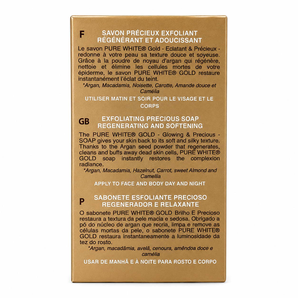 Pure White Gold Soap in branded packaging, a glowing exfoliating skin care soap designed to cleanse and leave skin looking smooth, fresh, and radiant.
