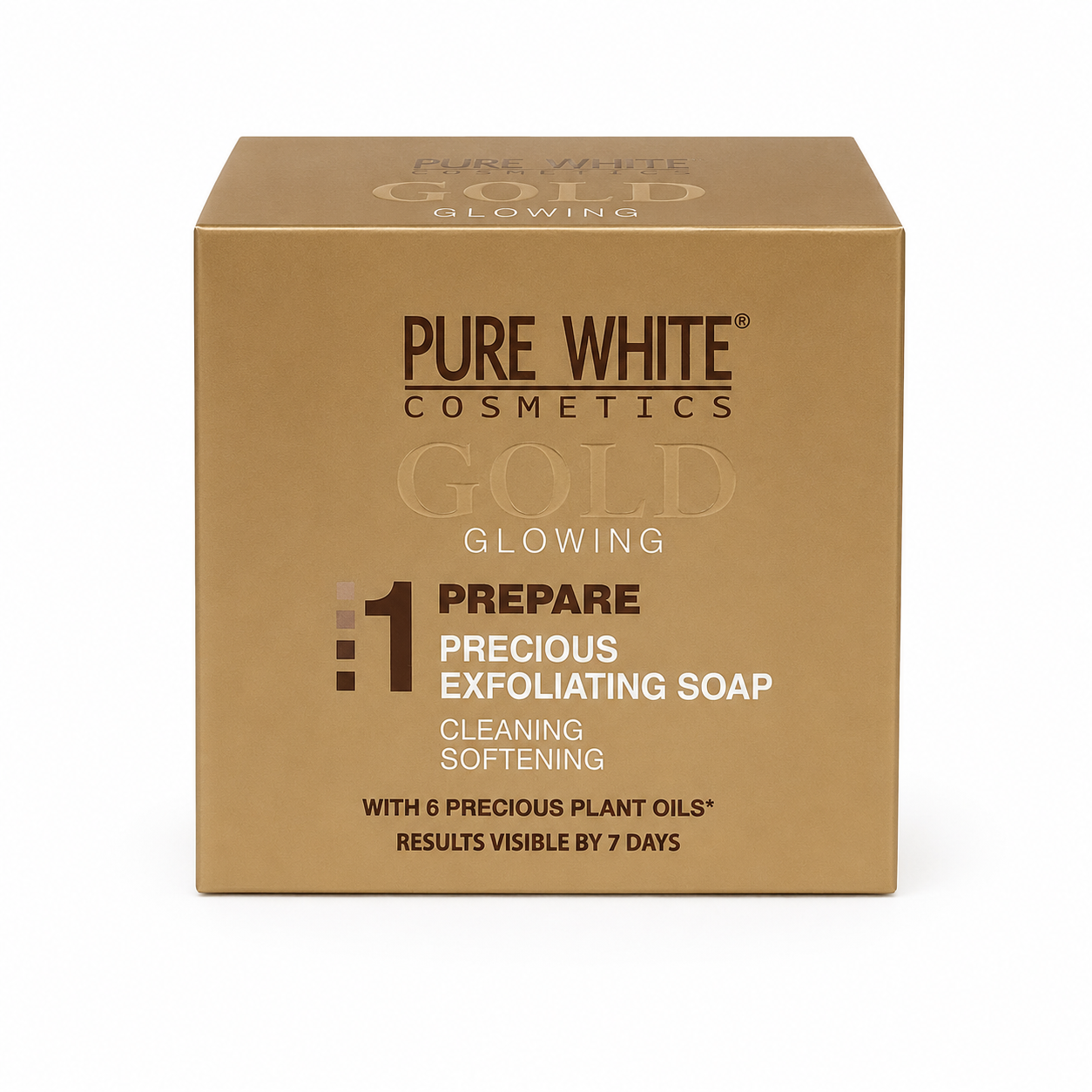 Pure White Gold Soap in branded packaging, a glowing exfoliating skin care soap designed to cleanse and leave skin looking smooth, fresh, and radiant.
