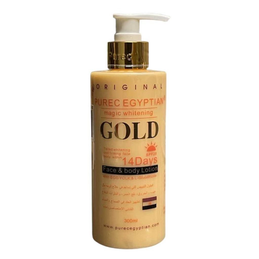 Purec Egyptian Gold Magic Whitening Lotion – Premium skin-brightening body lotion in a gold bottle, designed for radiant and even-toned skin.