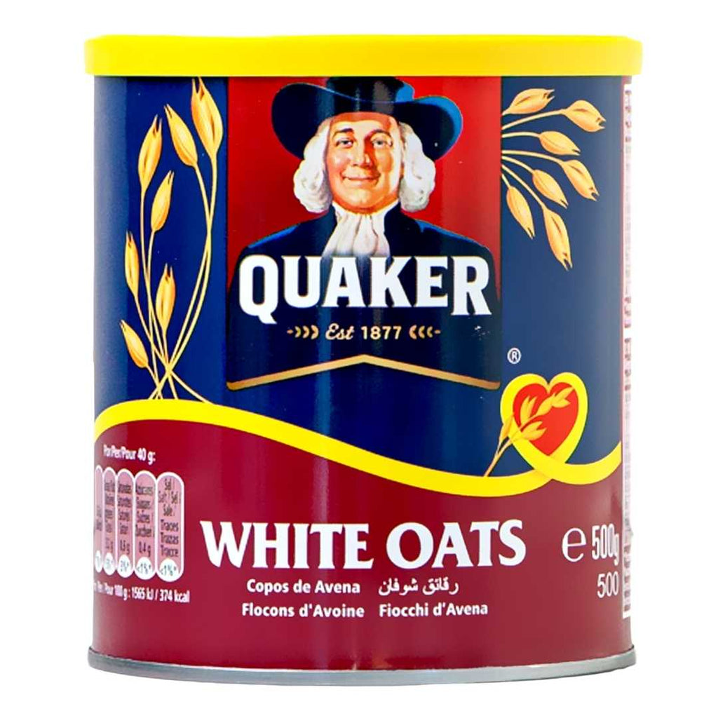 Front view of a 500g pack of Quaker Oats featuring the Quaker man logo, product name, and red and blue packaging.